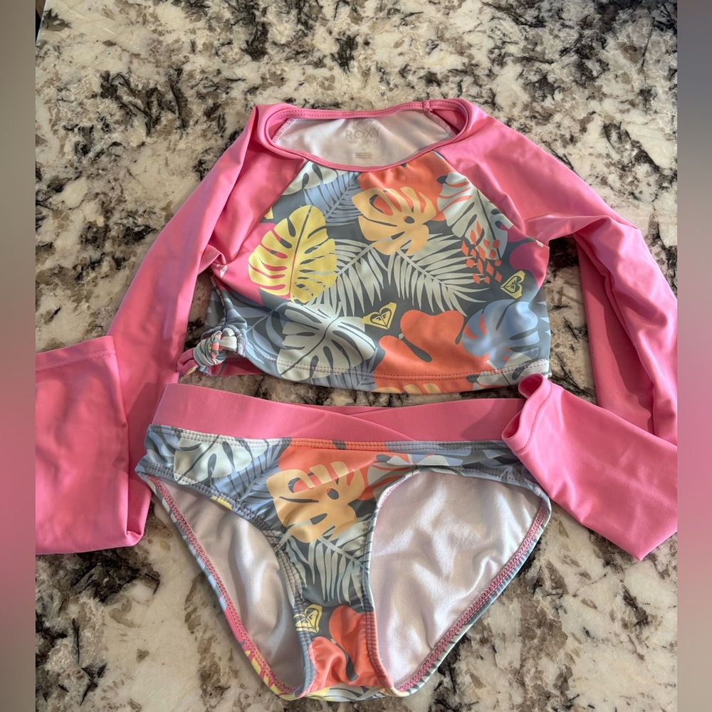 Roxy Girls' Pink Tropical Leaf Long-Sleeve Rash Guard Set